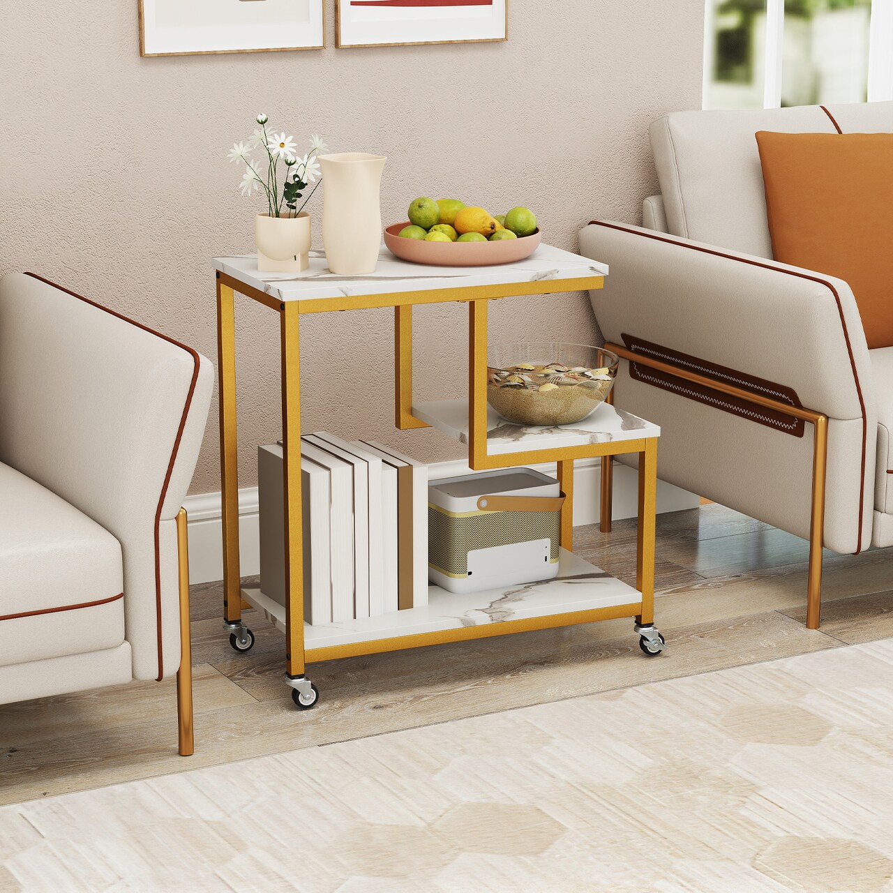3-Tier G-Shaped End Table with Open Shelves and Mobile Casters for Home Use